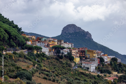 Small Touristic Town, Baunei, in the Mountains of Sardinia, Italy. Cloudy Rainy Day. Fall Season © edb3_16