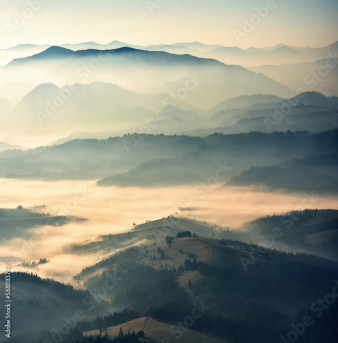 silhouettes of morning mountains. foggy morning in the Carpathians. Mountain landscape