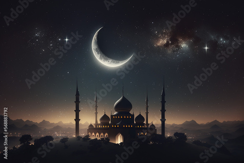 A silhouette of the mosque against a starry night sky, with the crescent moon visible in the background. Generative AI