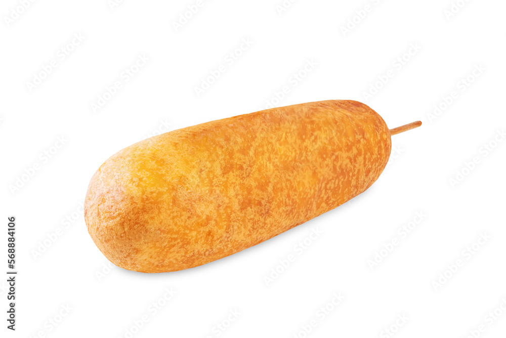 Corn dog on a white isolated background. Asian hot dog with sauces. Street food Corn dog on a white isolated background. Asian hot dog with sauces. Street food