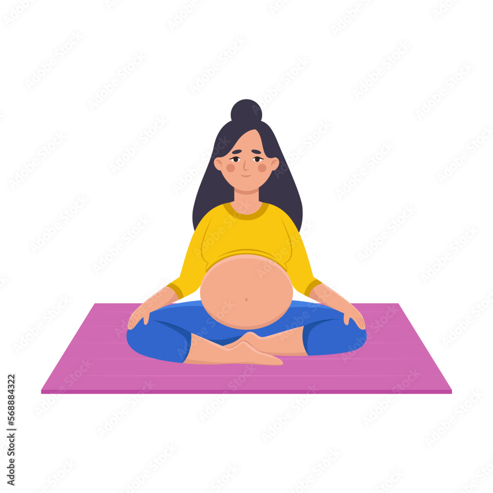 Pregnant cartoon woman doing yoga vector illustration. Young mother doing yoga exercises sitting in lotus pose isolated on white background. Pregnancy, health, relaxation concept