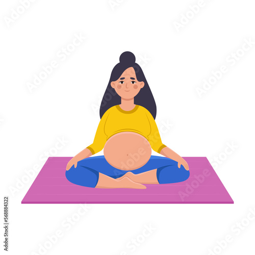 Pregnant cartoon woman doing yoga vector illustration. Young mother doing yoga exercises sitting in lotus pose isolated on white background. Pregnancy, health, relaxation concept