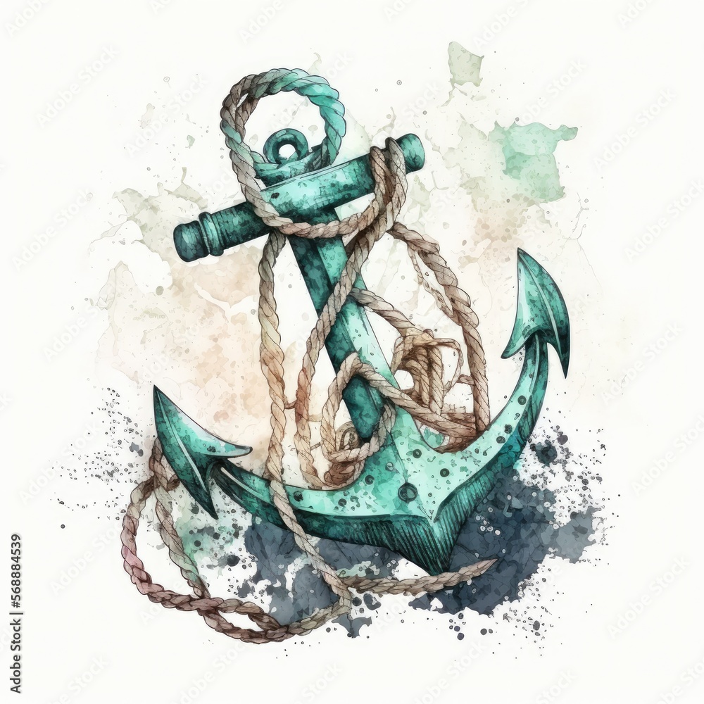 Watercolor hand drawn nautical / marine illustration with anchor and ...
