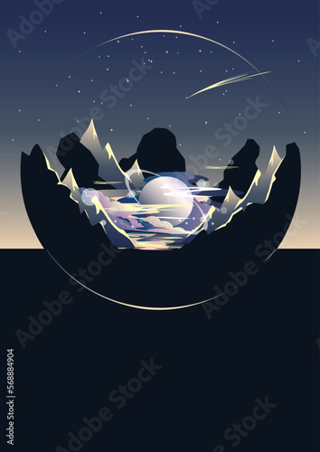 Futuristic space landscape with planet, mountains, saturn and clouds. A vertical illustration of a fantastic landscape at night. Fantastic poster.