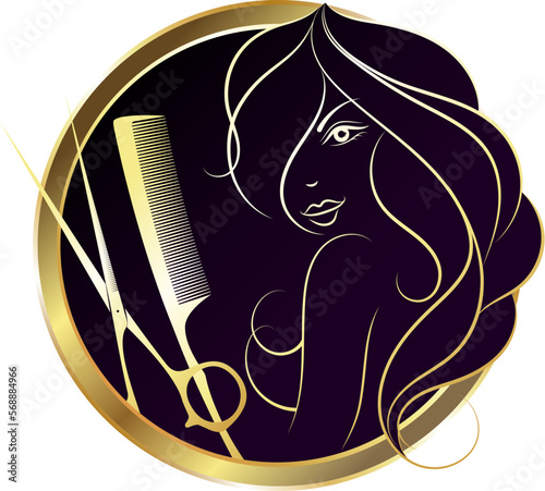 Girl with curls of hair, scissors and a comb. Round badge with golden edge. Hair salon and beauty salon design