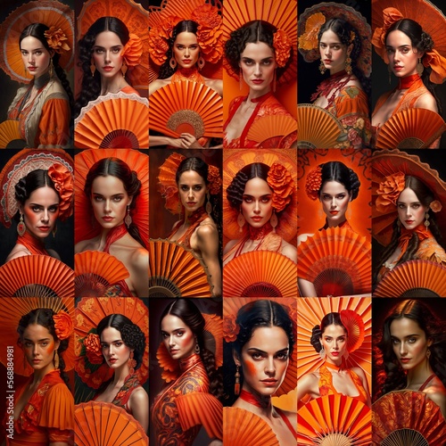 Hübscheste Frauen Models aus Spanien mit Orangefarbigen Outfit Collage, ai generativ