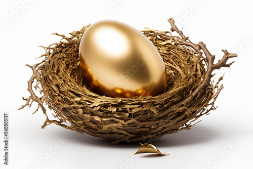 Beautiful shiny golden egg in bird nest on dark shale background. generative ai. The golden egg in the nest