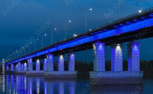 Barnaul, Russia. The New bridge with blue illumination at night