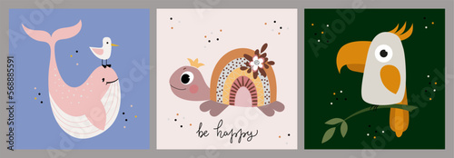A set of illustrations with cute animals. Whale, turtle and parrot. Baby shower cards collection. Postcard, poster, children's room decoration, kids tee print.