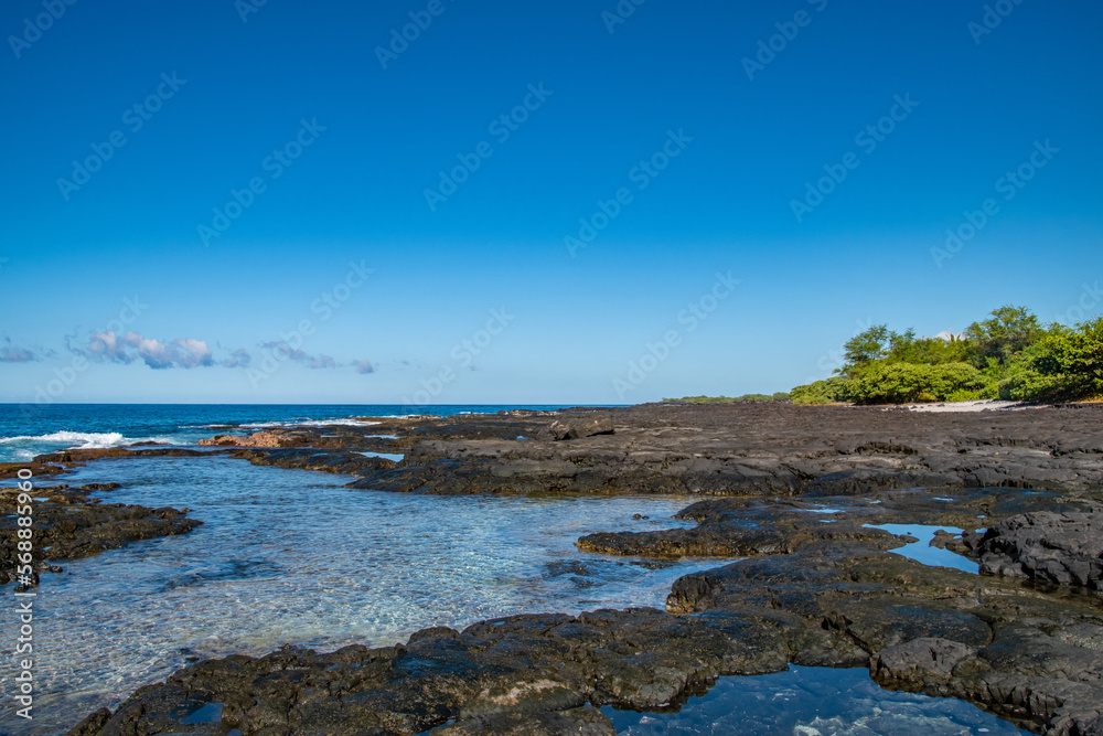 Hawaii Lava Rock Tidepools on Sunny Summer Day
