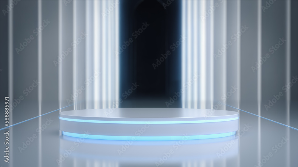 White futuristic pedestal with futuristic room background. White futuristic pedestal with futuristic room background.