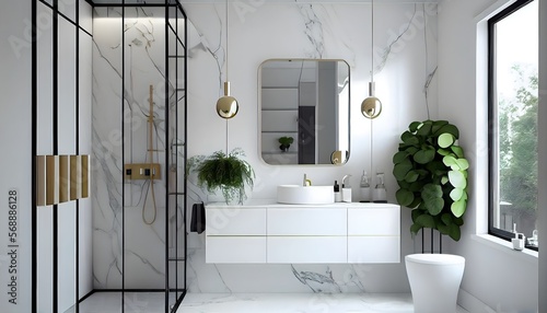 Schwebender Waschtisch mit weißem Waschbecken und großem Spiegel. generative ai hat die Dusche eine Glastrennwand und einen Regenduschkopf.