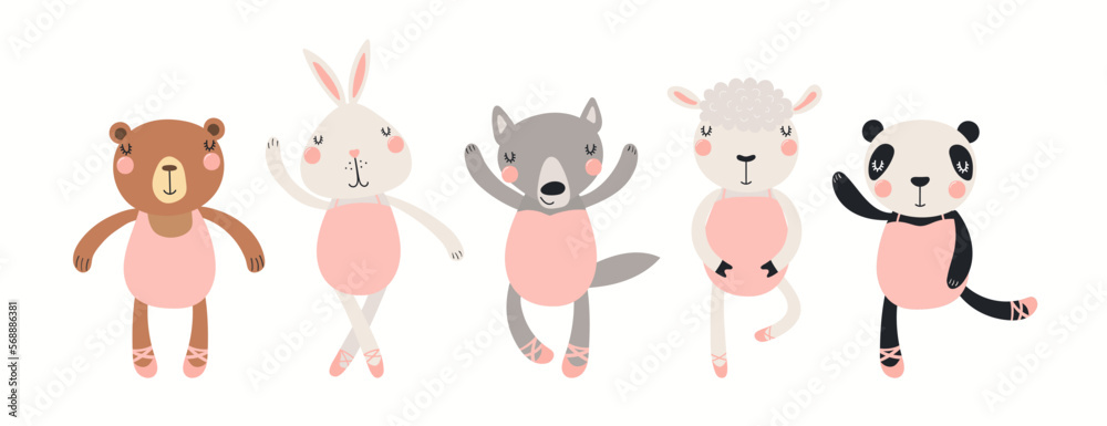 Banner with cute animals ballerina girls in leotards, isolated on white. Hand drawn vector illustration. Scandinavian style flat design. Concept for kids fashion, textile print, ballet school, studio