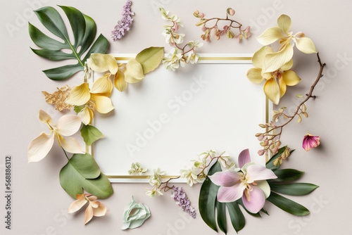 Decoration of Orchid Flower and Combination of White, Yellow, Pink, Purple, and Green for Background, Memo, Invitation, Greeting, Gift Card, and Frame - Landscape Series