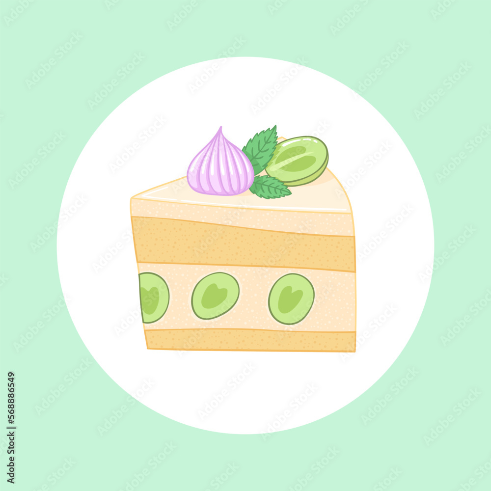 Beautiful peace of cake decorated with grape, mint leaves and meringue.  Vector illustration for bakery or cafe. Stock Vector | Adobe Stock