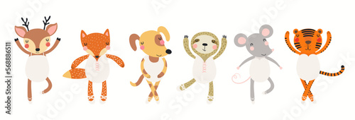 Banner with cute animals ballerina girls in leotards, isolated on white. Hand drawn vector illustration. Scandinavian style flat design. Concept for kids fashion, textile print, ballet school, studio