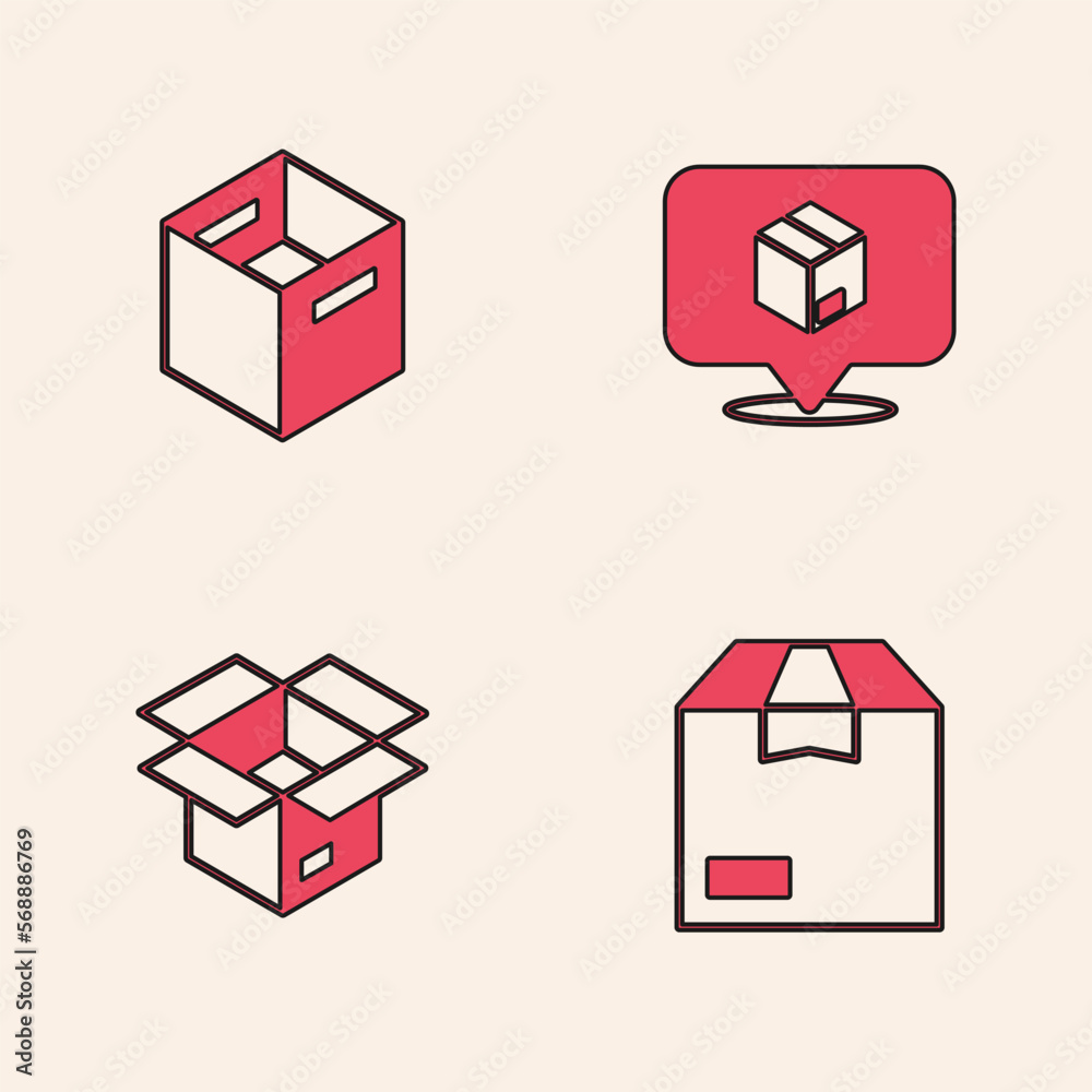 Set Carton cardboard box, Location with and Unboxing icon. Vector Set Carton cardboard box, Location with and Unboxing icon. Vector