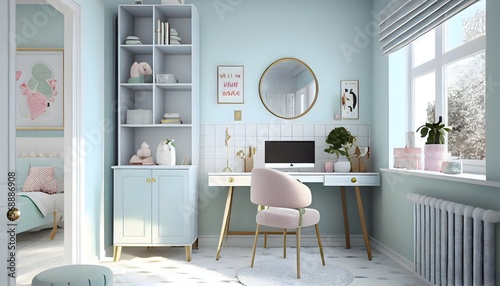 Soft and Sweet Scandinavian Teenage Study Room: A feminine and light teen study room with pastel blue walls and white tile floors. generative ai, interior design