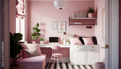 Soft and Sweet Scandinavian Teenage Study Room: A feminine and light teen study room with pastel pink walls and white tile floors. generative ai, interior design