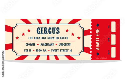 Vintage circus ticket.  Admit one coupon. Illustration of a vintage and retro design circus ticket. Vector circus luxury greeting card illustration.