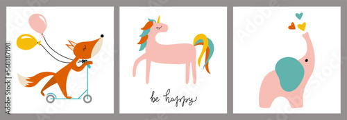 A set of illustrations with cute animals. A fox on a scooter, a unicorn and an elephant. Baby shower cards collection. Postcard, poster, children's room decoration, kids tee print.