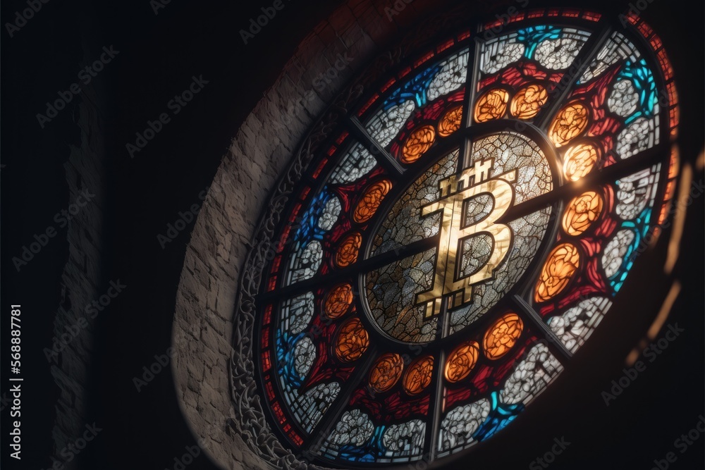 stained glass bitcoin, cryptocurrency banner, generative AI