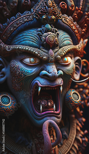 Ornate tribal statue face open mouth. Generative AI, this image is not based on any original image, character or person.