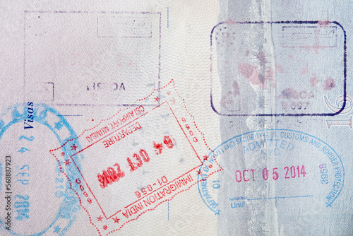 Close-up of passport stamps photo