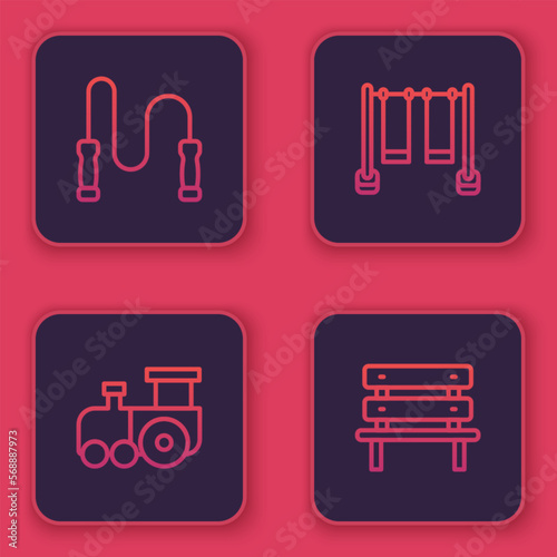Set line Jump rope, Toy train, Double swing and Bench. Blue square button. Vector