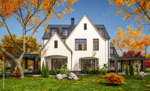 3d rendering of cute cozy white and black modern Tudor style house with parking  and pool for sale or rent with beautiful landscaping. Fairy roofs. Clear sunny autumn day with golden leaves anywhere