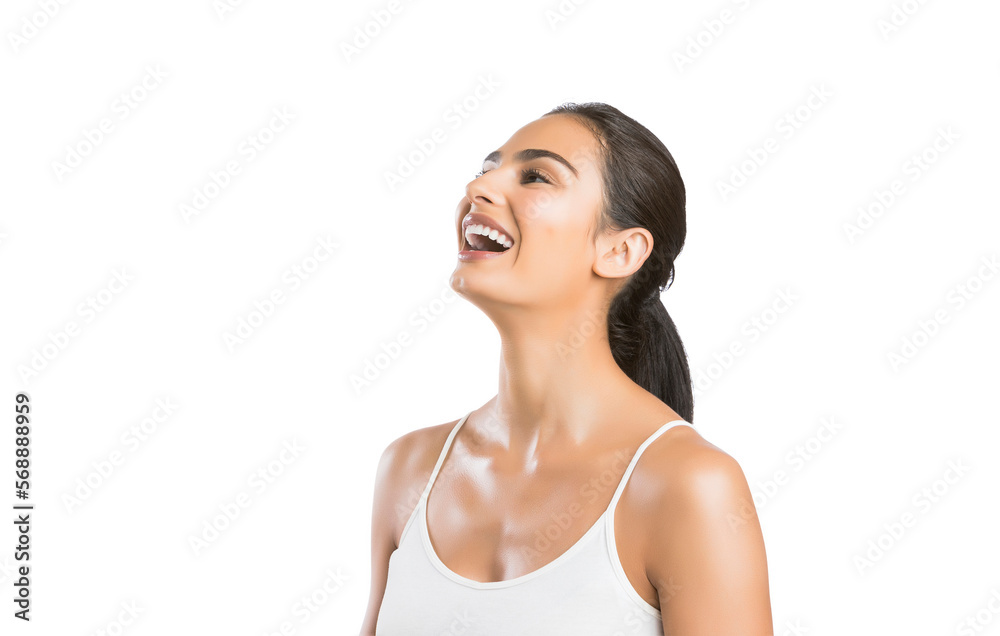 Portrait of young woman laughing against white background Portrait of young woman laughing against white background