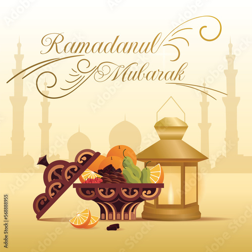 Ramadan Basket Theme greetings with Ramadan Food, an outline mosque drawing of mosque Abu Dhabi.