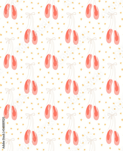 Pointe shoes, ballet slippers with ribbons seamless pattern on white background. Hand drawn vector illustration. Scandinavian style flat design. Concept kids textile, fashion print, wallpaper, package
