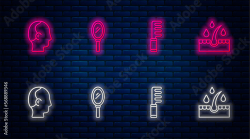Set line Hand mirror, Hairbrush, Baldness and Oil for hair care treatment. Glowing neon icon on brick wall. Vector
