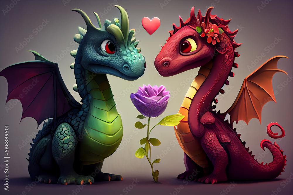 Naklejka premium Dragons In Love Cute Cartoon, Heart