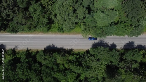 BLUE CAR DRIVES THROUGH THE FORESTS PERFECT ROUTE