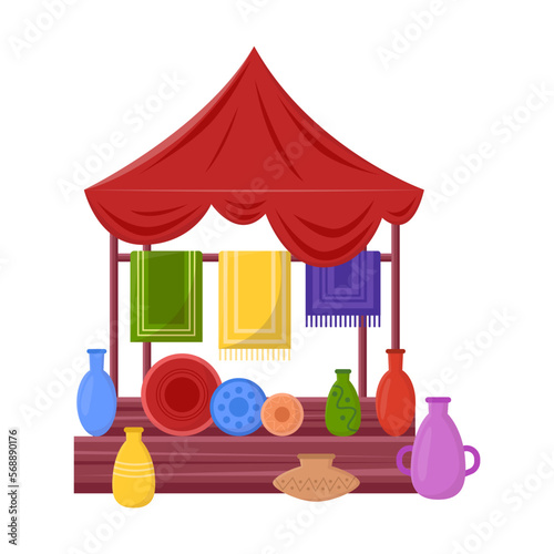Booth stand vector illustration. Oriental bazaar or marketplace with pottery, merchant stalls on white background. Marketing, Middle East, Thailand or India concept