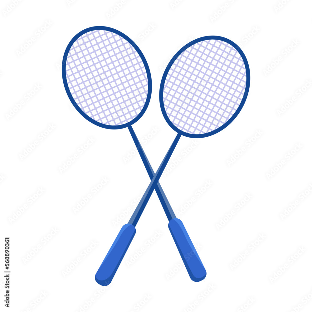 Two badminton rackets vector illustration. Gym accessories, sport equipment isolated on white background. Fitness, sport, healthy lifestyle concept Two badminton rackets vector illustration. Gym accessories, sport equipment isolated on white background. Fitness, sport, healthy lifestyle concept