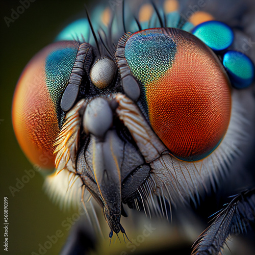 Red orange fantastic eye big fly closeup macro, facet vision of insects © Dmitry