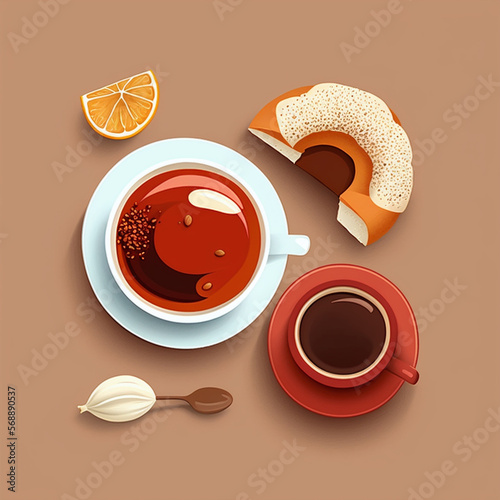 Flat lay 2d illustration design of coffee, bagel and dessert. photo