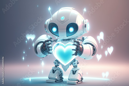 Little robot with heart in his hands. Cute bot. Virtual assistant. Generative AI