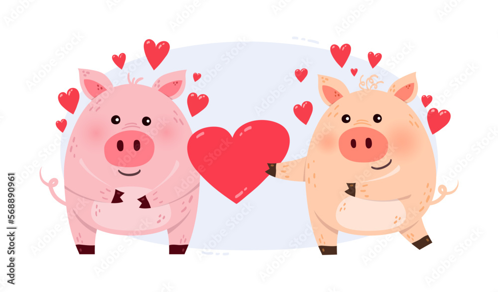 Cute pigs with hearts for Valentine’s Day. Concept of cartoon style animal couple in love. Drawing for invitation, cards, poster. Vector illustration Cute pigs with hearts for Valentine’s Day. Concept of cartoon style animal couple in love. Drawing for invitation, cards, poster. Vector illustration