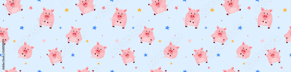 Cute little pigs on blue background. Seamless pattern. Panoramic header. Vector illustration