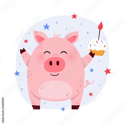 Cute cartoon pig with a cake. Birthday concept with a funny animal. Design for invitation, banner, card. Vector illustration