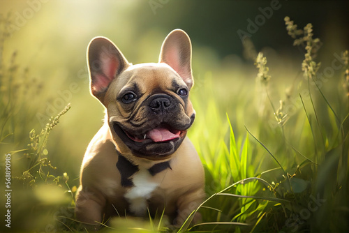 French Bulldog Pose in the Green Field Grass. Generative AI