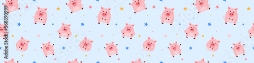 Cute little pigs on blue background. Seamless pattern. Panoramic header. Vector illustration