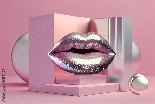 Plump female lips of silver-violet color on podium background Valentines day