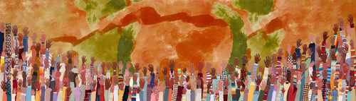 Many black skin African American men women children seniors  group raised hands on colored background copy space. Black history month concept banner poster. Racial equality.Mixed age range