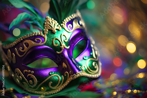 Mardi Gras mask illustration in purple and green colors. Festival costume. Generative AI