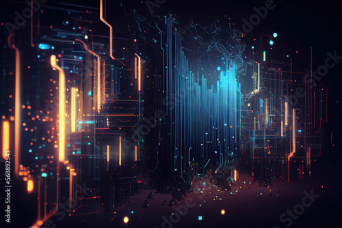 Abstract wavy curve technology background, business connection, lines dot, digital design, information data, digital technology scene with Generative Ai.